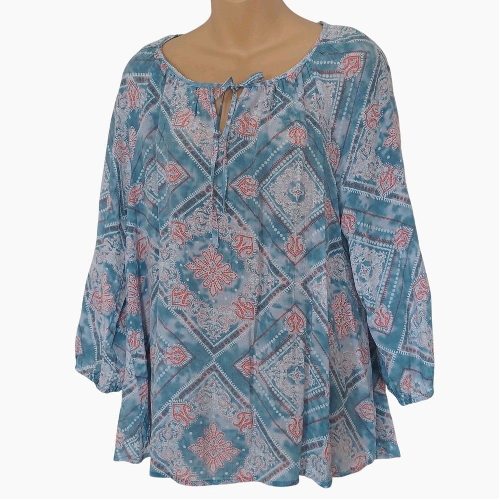 Fred David Blue Red Tile Medallion Print Peasant Blouse Top 3/4 Sleeve Large